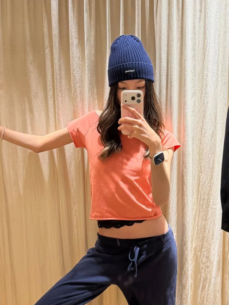 Orange Raw Hem Slim Crop Top for Woman Summer Sexy Slash Neck Short Sleeve Cotton TShirt Female Casual Simple Solid Cropped Tees