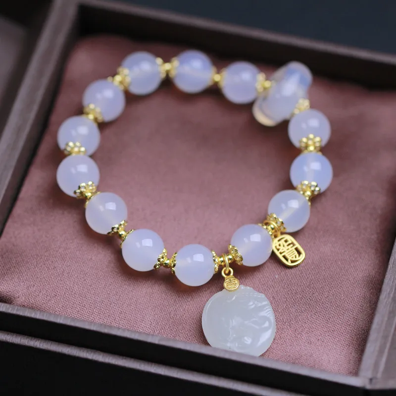 Natural White Agate Bracelet with Hotan Jade Light Smoke Purple Elephant Accessories Design Temperament Male and Female Headwear