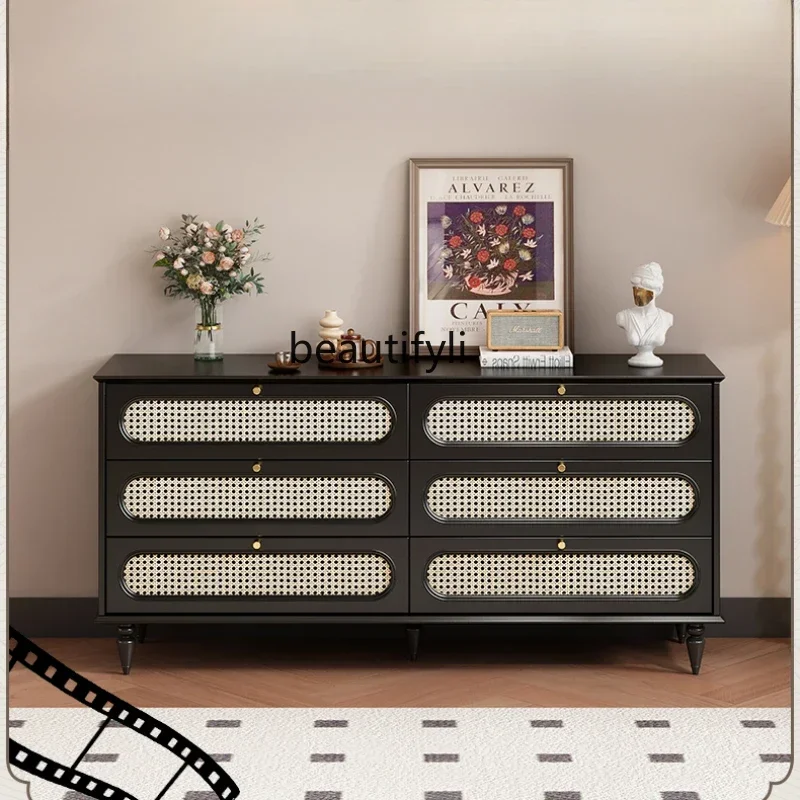 American Retro Chest of Drawers Bedroom Locker Rattan Mid-Ancient TV Cabinet Tailstock Storage Cabinet