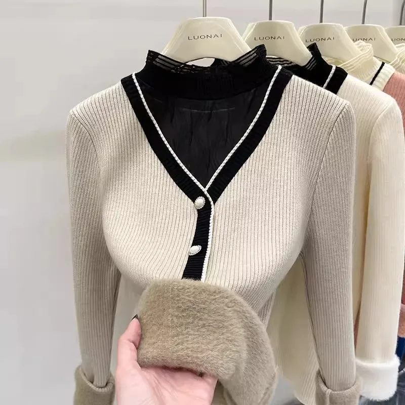 Suéter feminino falso de duas peças com gola simulada, top de malha de malha de veludo para camadas de outono/inverno