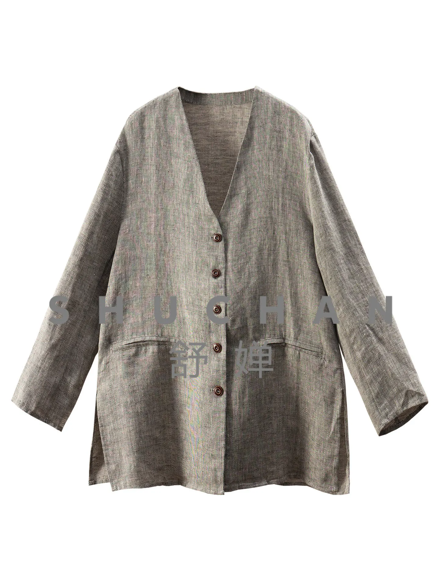 

Женская рубашка-жакет из 100% льняной ткани с V-образным вырезом в стиле Old Money, французский шик, высокое качество, 49J5