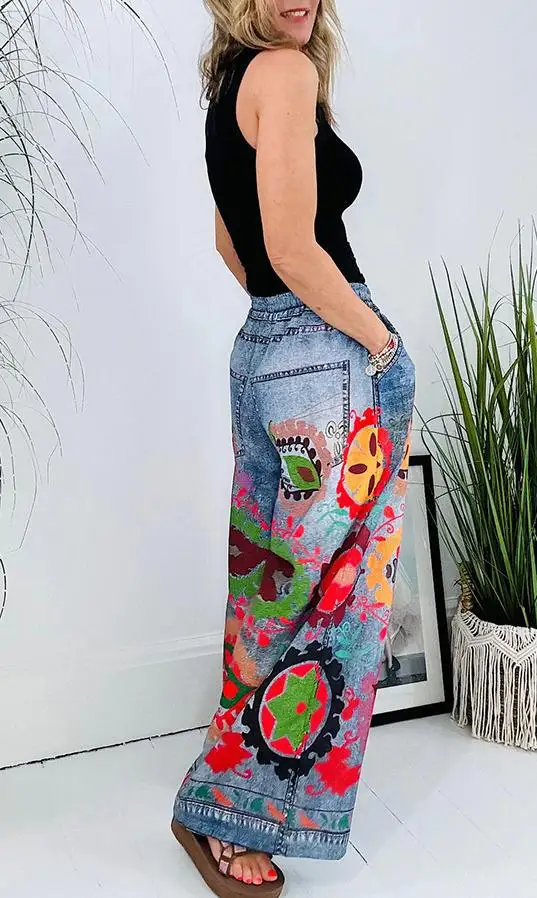 Autumn American Retro Imitation Denim Pants Elegant Fashion Loose High Waist Women\'s Clothing Fashion Pockets Print Pants 2024