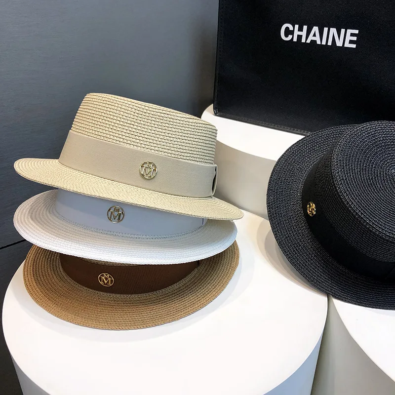 Women French Flat Top Straw Hat Elegant Ladies Sun Hat Beach Vacation Anti-UV Shading Summer Fashion Headwear 4