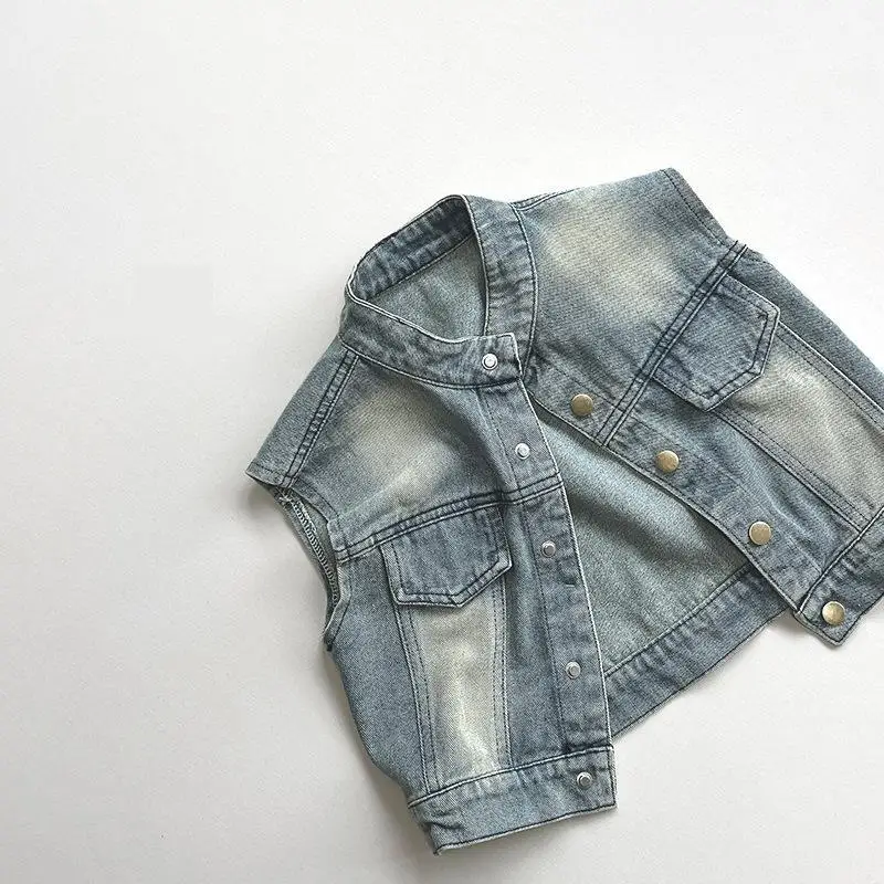 

2024 Spring New Children Sleeveless Denim Vest Jacket Solid Boys Girls Vintage Cardigan Vest Kids Pocket Coat Baby Clothes
