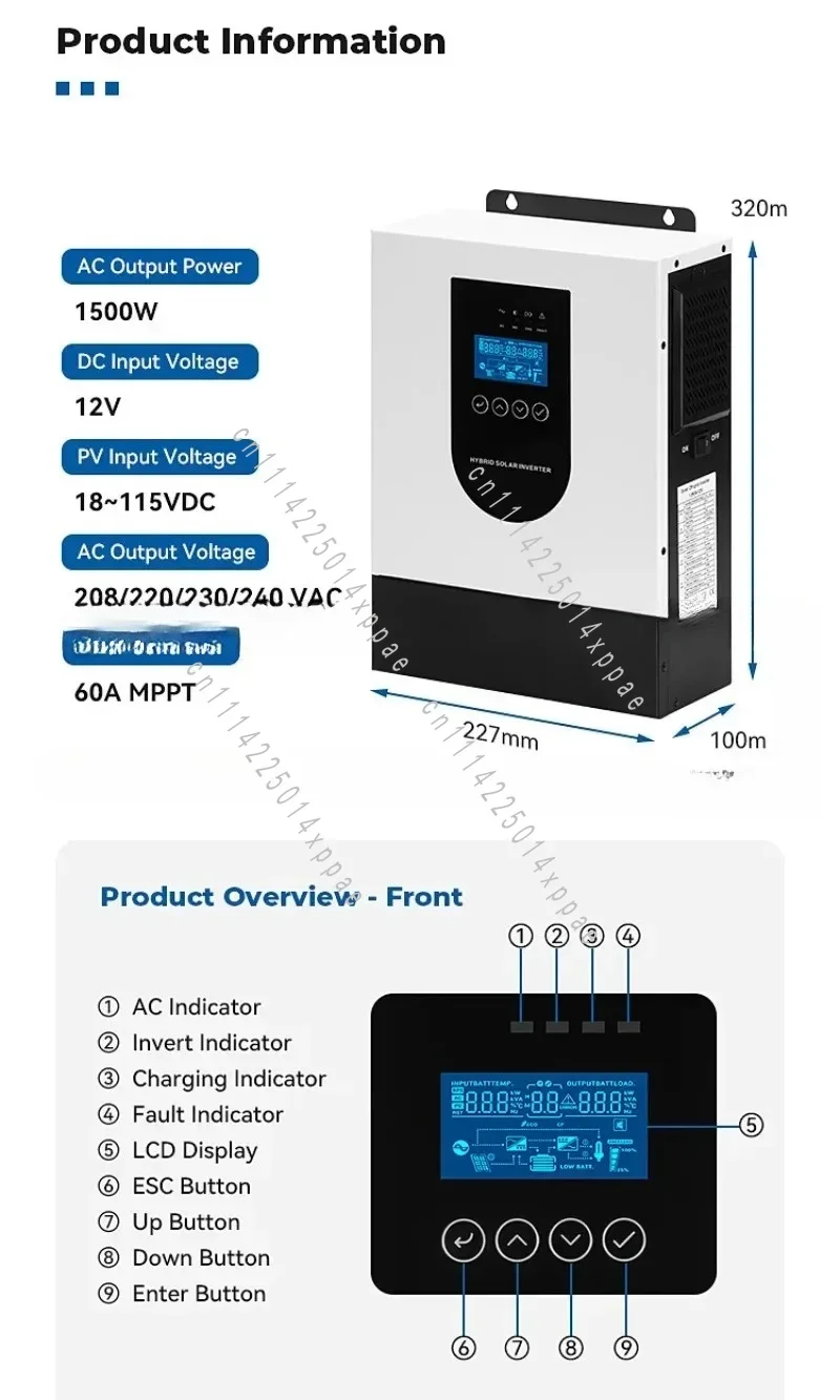 Hybrid Solar Inverter 12V Off-Grid AC String Inverter Automatic 60Hz Single-Phase Solar Inverter1.5KW
