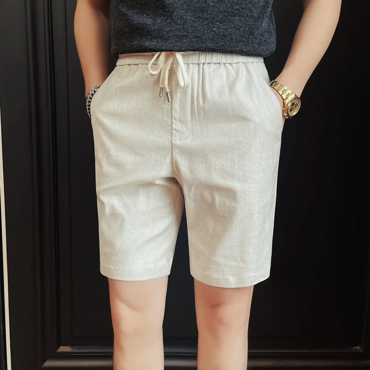 Summer Solid Color Casual Shorts Men's Summer Thin Drawstring Elastic Waist Five Quarter Pants Versatile Trendy Sports Shorts
