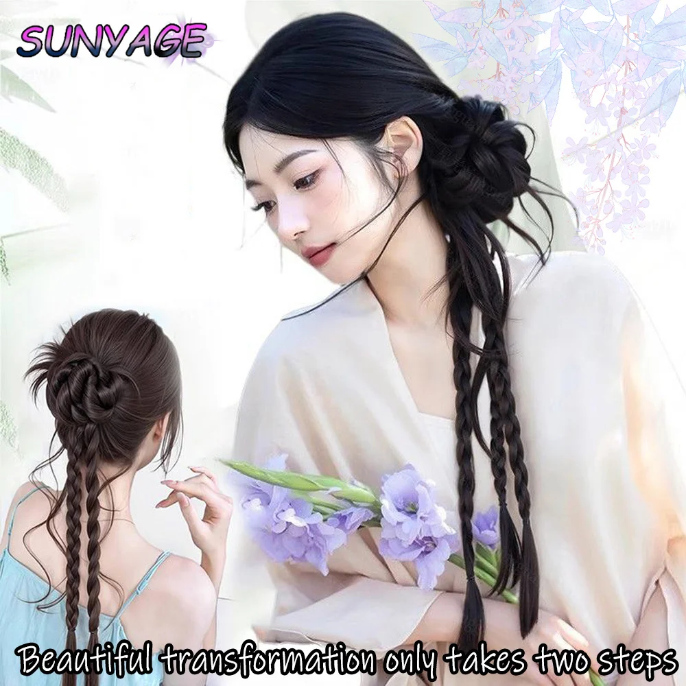 合成ロングブレイドポニーテールナチュラルヘアエクステドラゴンビアードフラワーバッドヘッドクロウクリップスタイルふわふわお団子ヘアウィッグ女性用