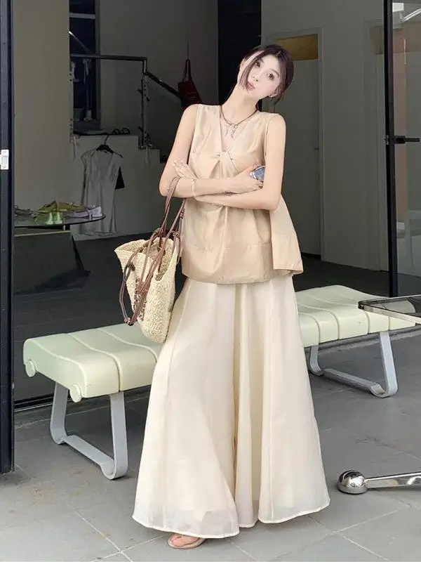 

Chic Summer Women's Set High Waist Wide Leg Pants Svel V-Ne Two-Piece Outfit Cool mat Sle Faionable Ensemble