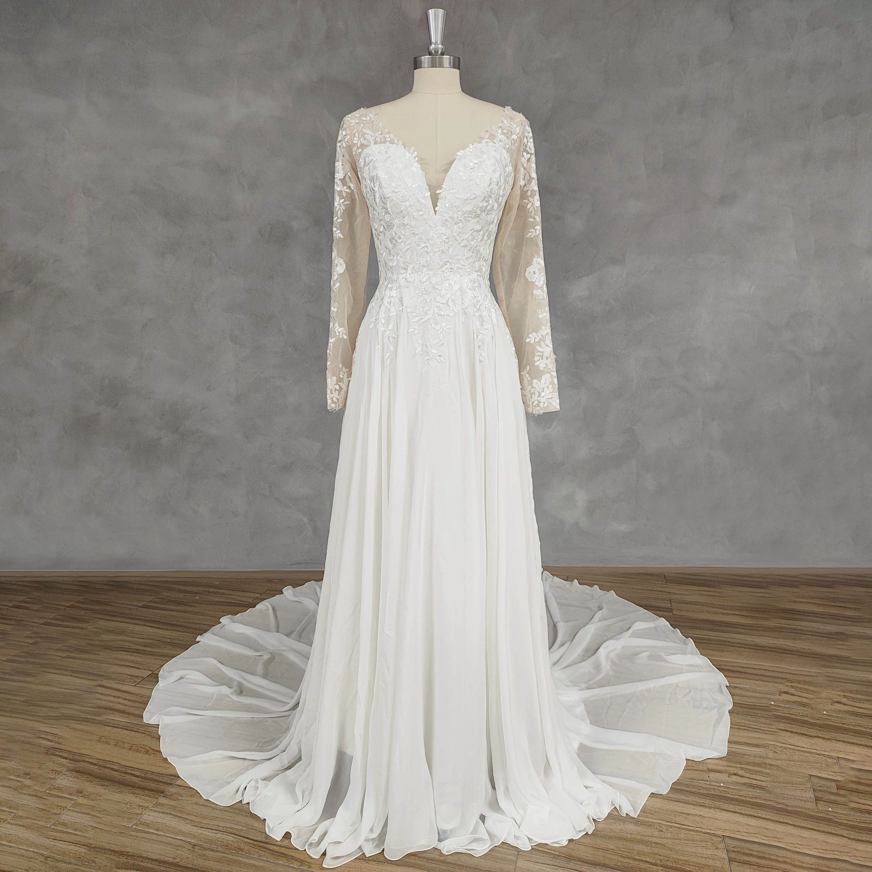 DIDEYTTAWL Real Picture Long Sleeves V-Neck Wedding Dress For Women Chiffon Button Back Appliques Court Train Bridal Gown