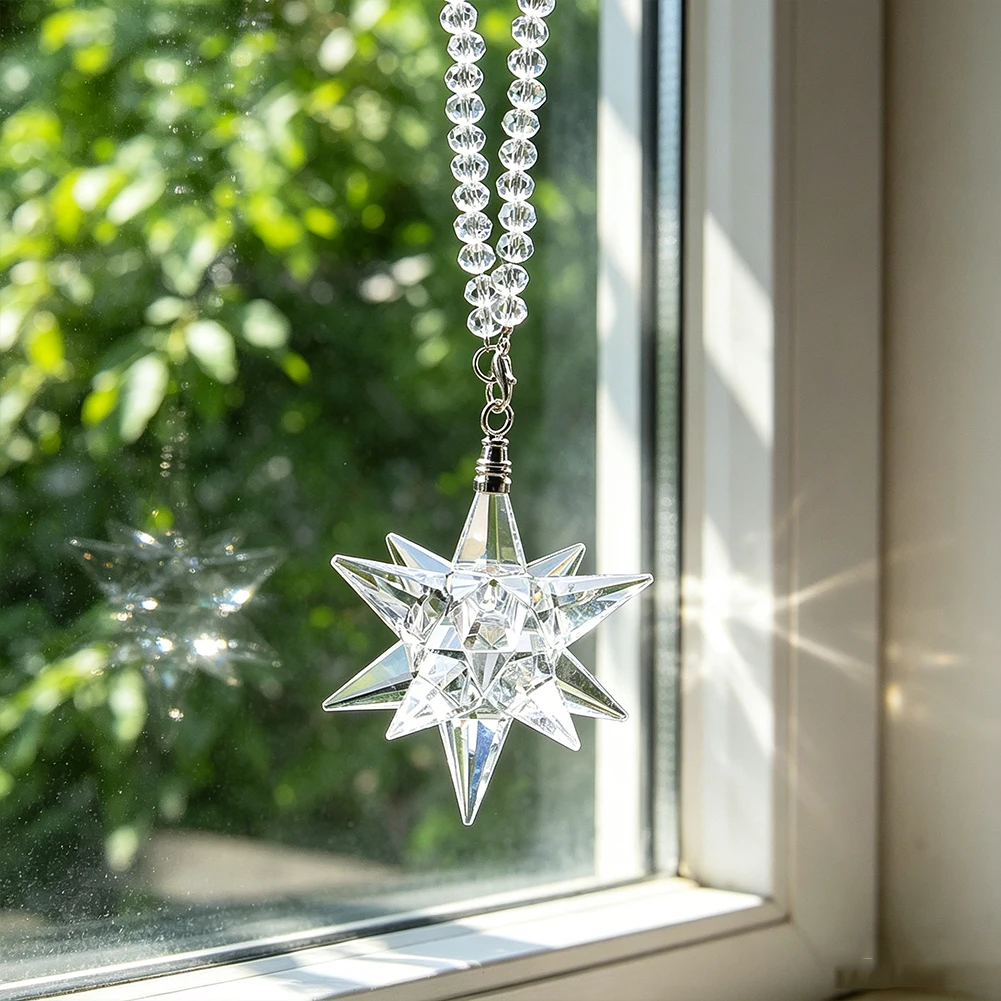Mehrflächiger 12-Punkt-Kristallstern Sonnenfänger Ornament Klarer K9-Kristall Auto-Rückspiegel-Anhänger Fenster Regenbogen-Prisma Deko – Detail 5