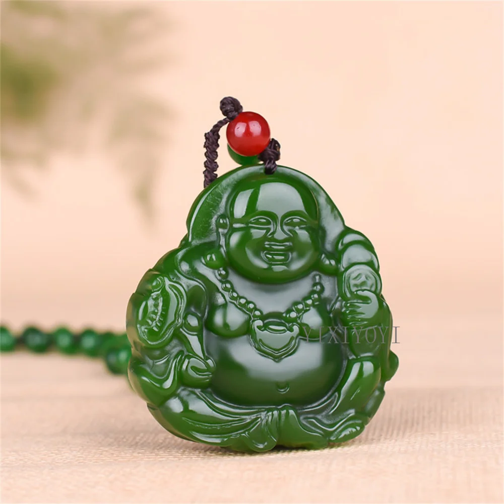 Natural Green Jade Stone Carved Chinese RuYi Lock Buddha GuanYin Lucky Pendant Charm Amulet Necklace Party Jade Jewelry Gift