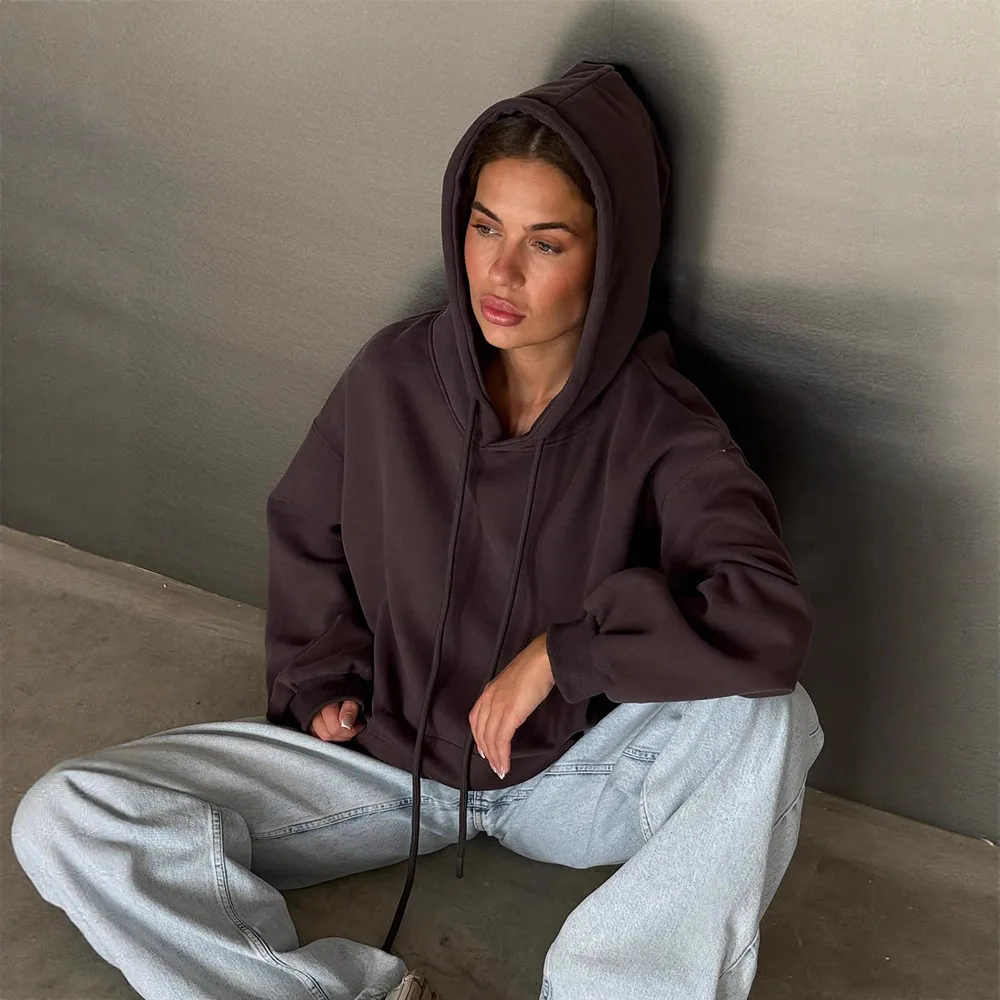 Felpa con cappuccio a maniche lunghe tinta unita casual alla moda da donna autunno nuovo stile semplice versatile top confortevole