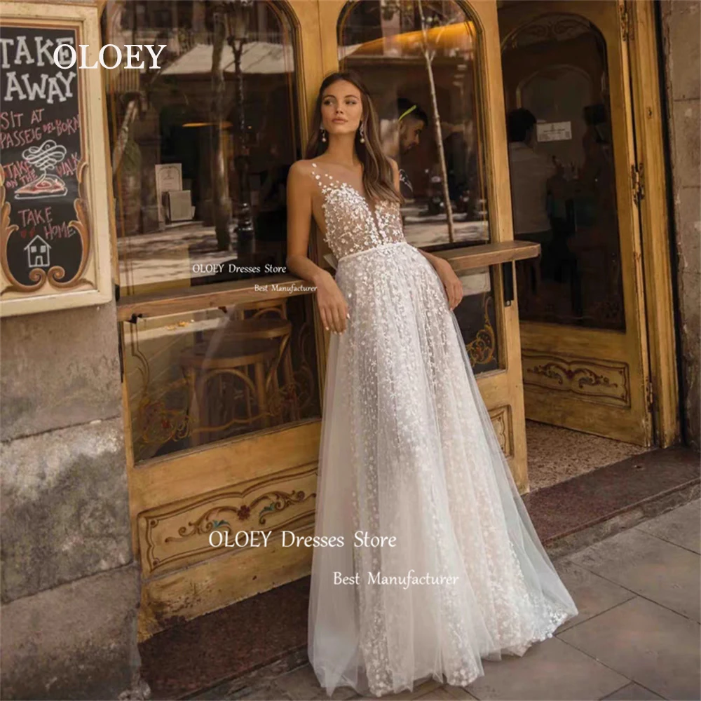 OLOEY Exquisite Lace Wedding Dresses Sexy V Neck Sleeveless Bridal Gowns Robe De Marriage Floor Length Backless Custom Made