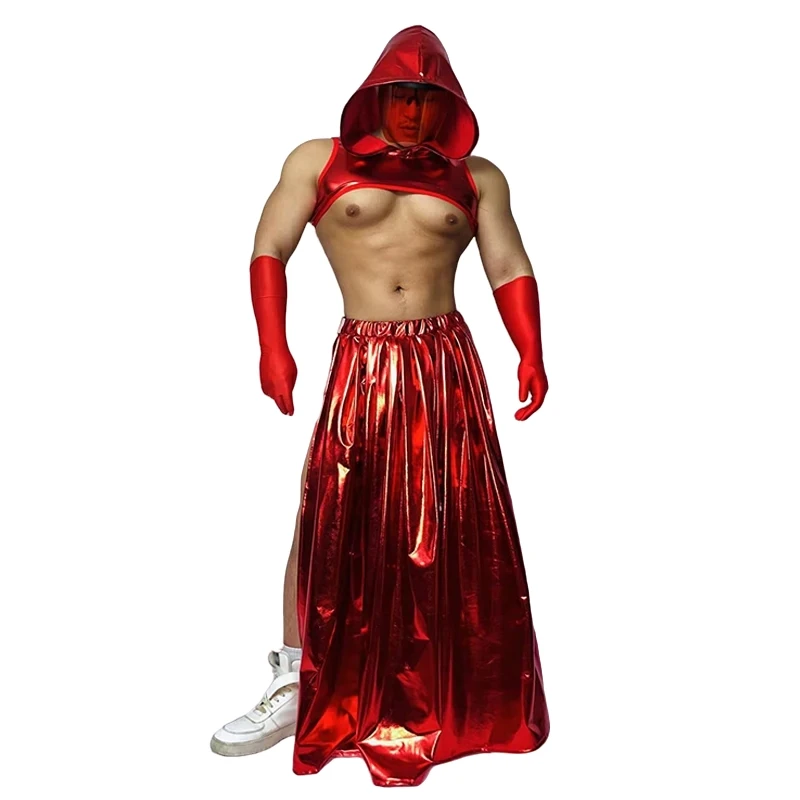 Męski strój do hip hopu, seksowny kostium DJ-a, strój sceniczny Gogo, czerwona kamizelka z kapturem ze skóry PU, spódnica, ubrania festiwalowe, stroje rave