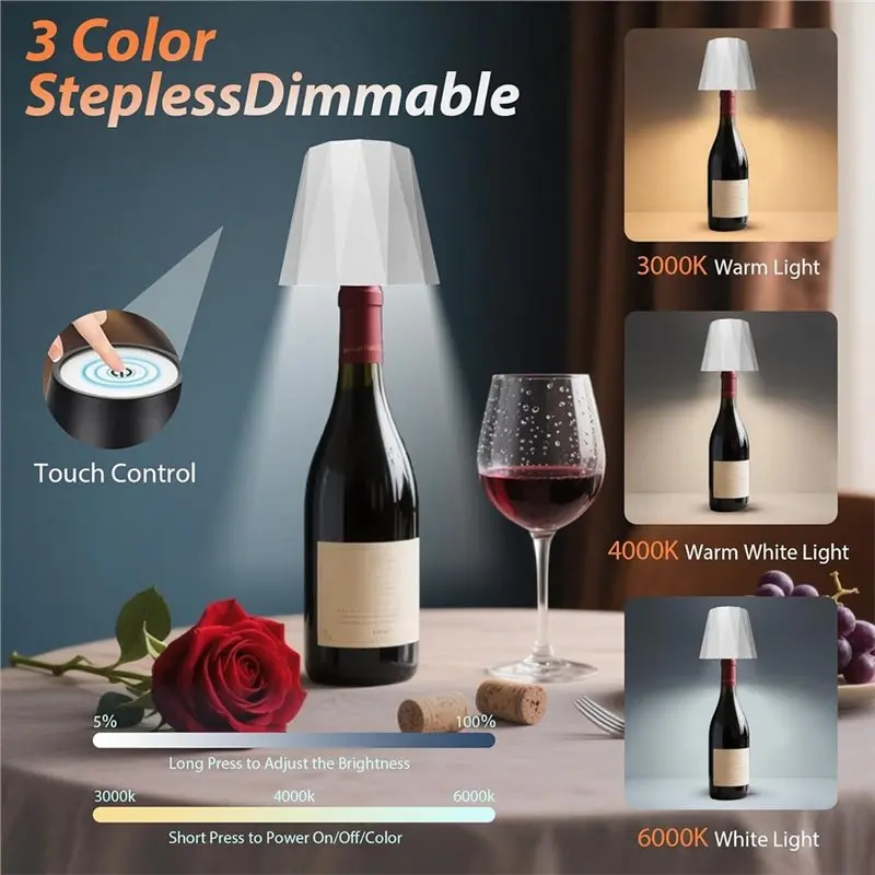 ABRU-Touch Dimmable Wireless Wine Bottle Lamp 3-Color Rechargeable Light For Bar For Bedroom Restaurant Black