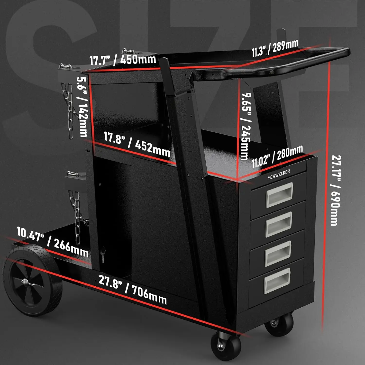 2-Tier Welding Cart with 4 Drawers and Dual Cylinder Slots | Large Storage, Custom Steel-Plate Frame with Rust-Resistant Paint a