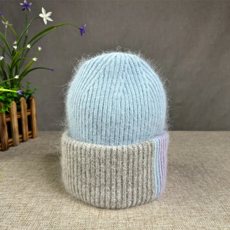 2024 New Rabbit Fur Beanies Soft Warm Winter Hat for Women Angora Knitted Hat Skullies Beanies Female Bonnet Knit Cap