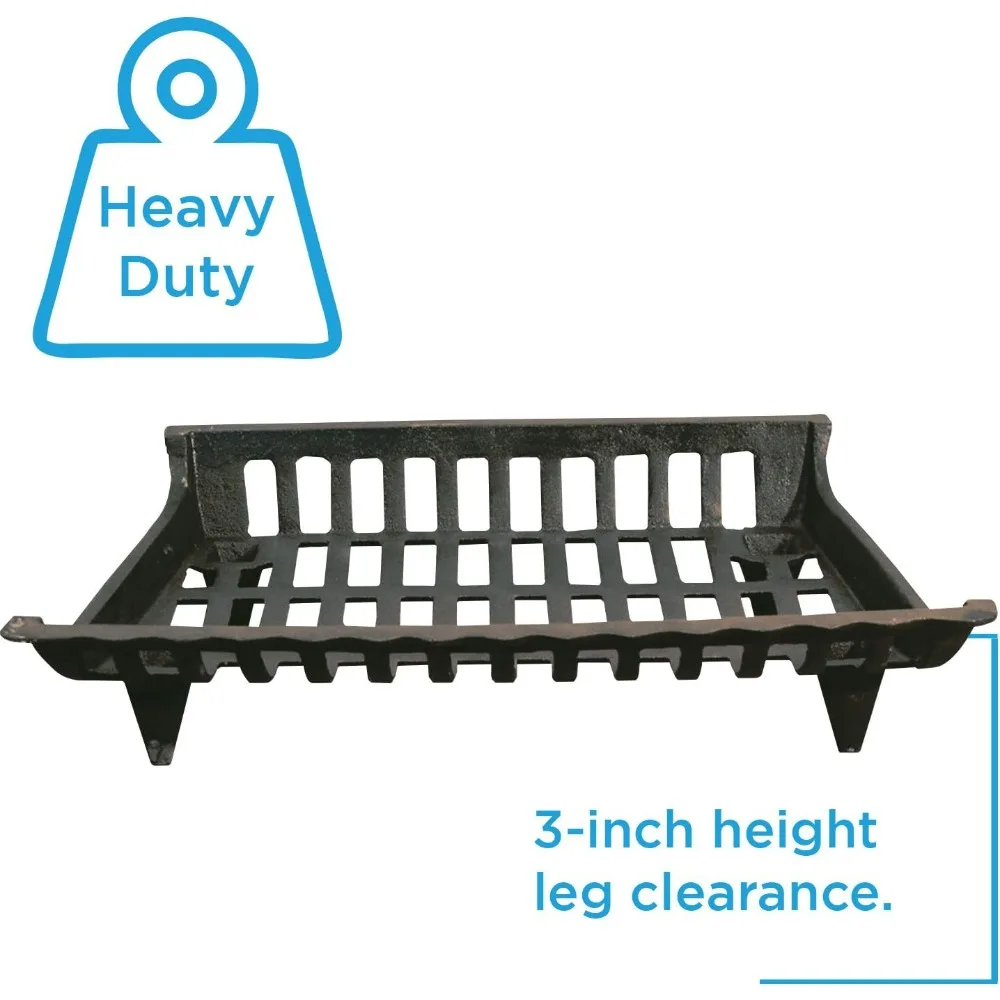 Panacea 15424 Cast Iron Fire Grate Black 24-Inch Heavy Duty Fireplace Log Grate Wood Burning Stove Fire Pit Accessory for Indoor