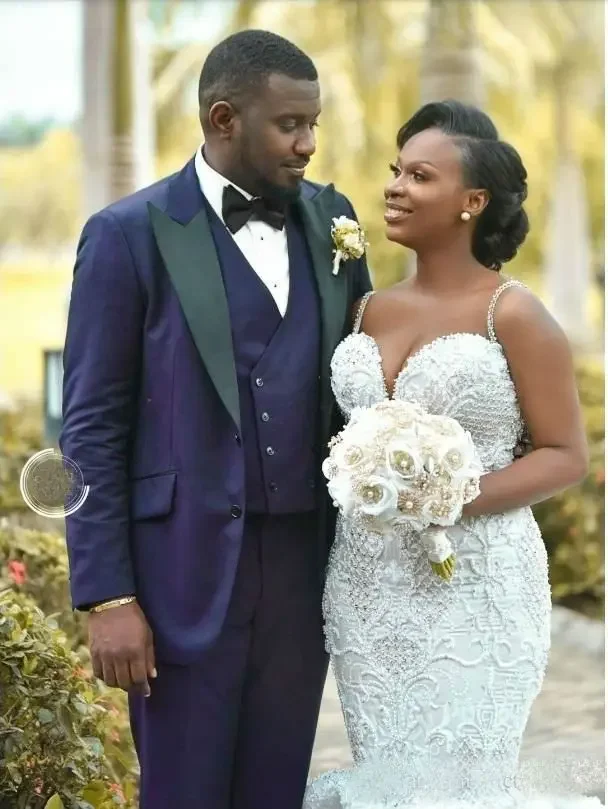 맞춤형 스파게티 인어 웨딩 드레스 플러스 사이즈 아프리카 레이스 페르시 아가 목 신부 가운 버튼 백 Tulle Beach