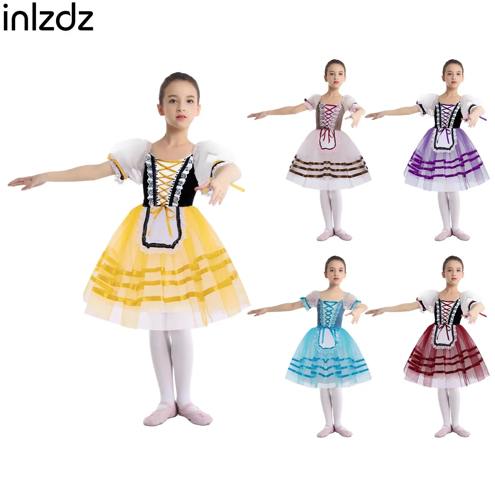 

Girls Ballet Tutu Dress Gymnastics Skating Costume Puff Sleeve Lace Trim Lace-up Velvet Bodice Layered Dress Ballerina Dancewear