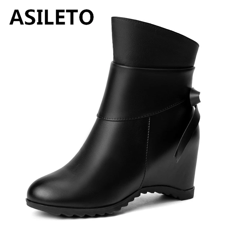 

ASILETO Design, женские ботильоны больших размеров, милые повседневные женские короткие ботильоны с бантом, круглый носок, увеличенный каблук, кожа на молнии 5 см