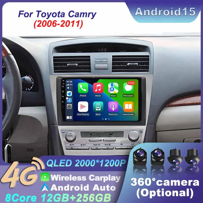 For Toyota Camry 2006 - 2011 Carplay GPS Navigation Android 15 Wireles Stereo WiFi Car Radio Multimedia Player UItra-thin Screen