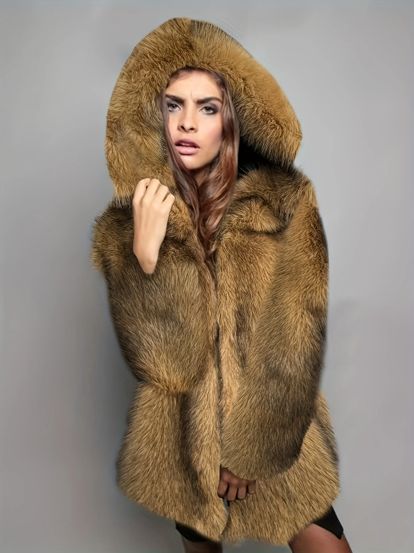 

Women's Faux Fur Coat, Hooded, Mid-Length, Warm and Stylish, Versatile, Suitable for Spring, Autumn, and Winter