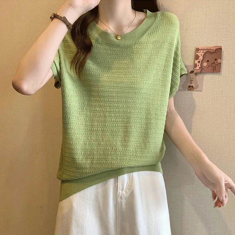 

Knitwears Black O-Neck Knitted Sweater Women Pullovers New Casual Short Sleeve Knit Sweater Pullover Women Tops Sweaters Q2322