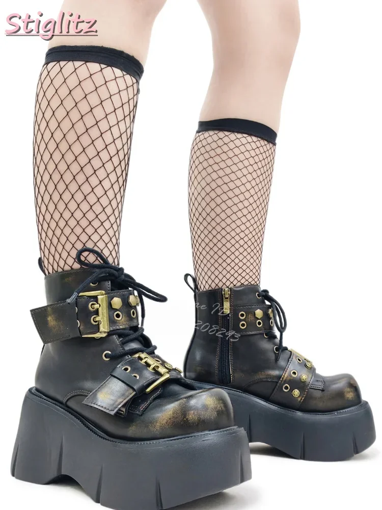 

Belt Buckle Lace-up Ankle Boots Colored Round Toe Cross-tied Motorcycle Boots Thick-soled Punk Short Shoes Women 2025 Winter New
