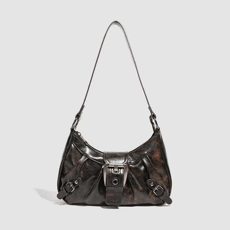 Women New Autumn Winter Korean Niche Design Maillard Brown Edgy Moto Versatile Underarm Shoulder Bag Daily Commuter