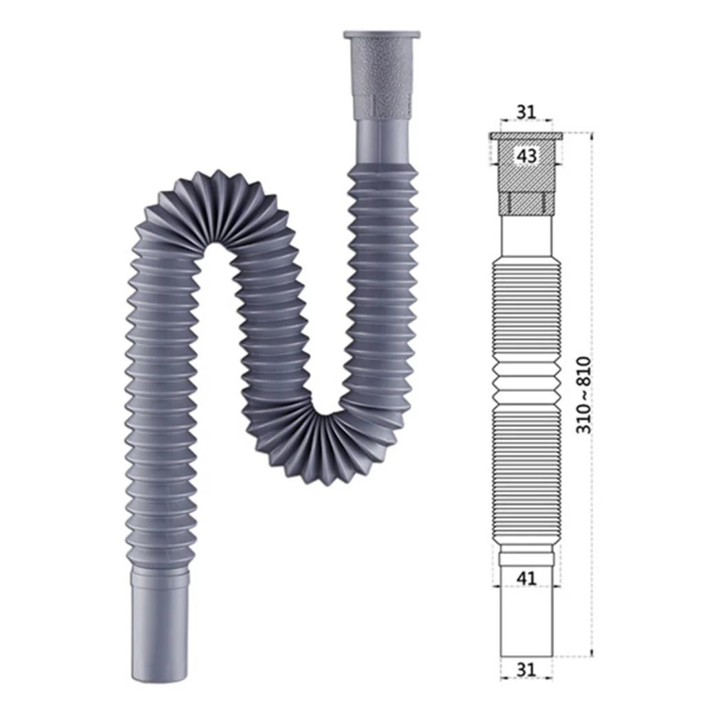 Flexible Drain Hose for Kitchen and Bathroom Sinks Made of Sturdy Plastic with Contraction Length 31cm and Extended 81cm