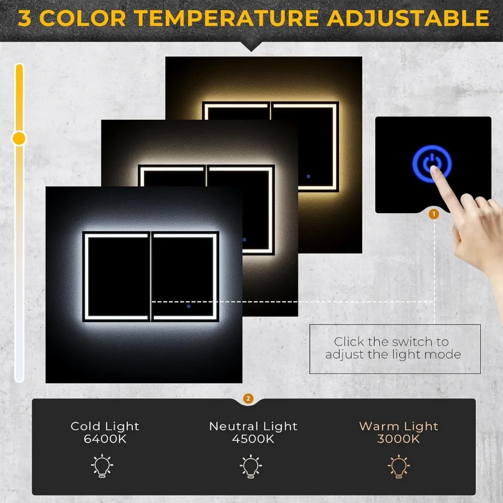 Miroir d'armoire à médicaments 4.2, stockage à domicile mural, 2 portes, lumières LED d'armoire HOWall, 31.5 en effet x 23.6 en effet