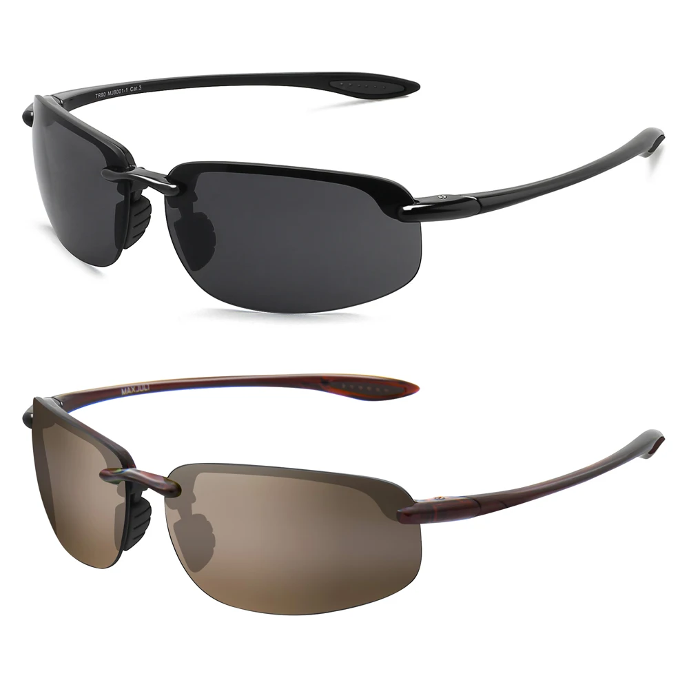 2 Pack Gepolariseerde Sportzonnebril voor Mannen Vrouwen TR90 Lichtgewicht Randloos Frame UV400 Hardlopen Vissen Rijden 801
