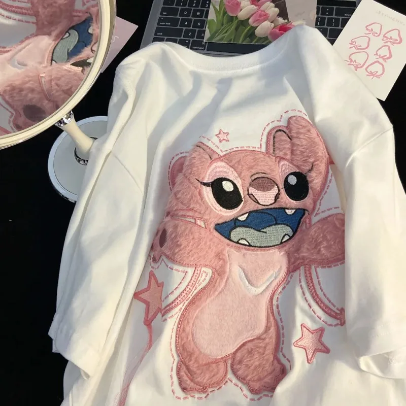 Disney Pink Stitch T-shirt Cartoon Cute Girls Round Neck Casual Loose T-Shirt Y2K Summer Couple Print Short Sleeve Tops Gifts