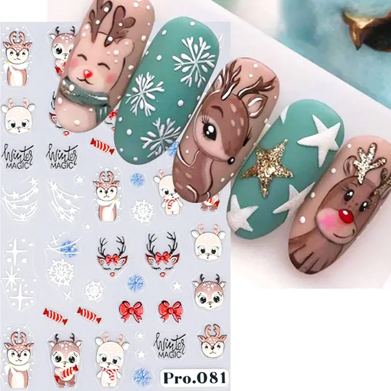 5D Embossed Elk Nail Art Sticker Cute Christmas Winter Santa Claus Snowflake Gingerbread Man Engraved Slider Manicure Decoration