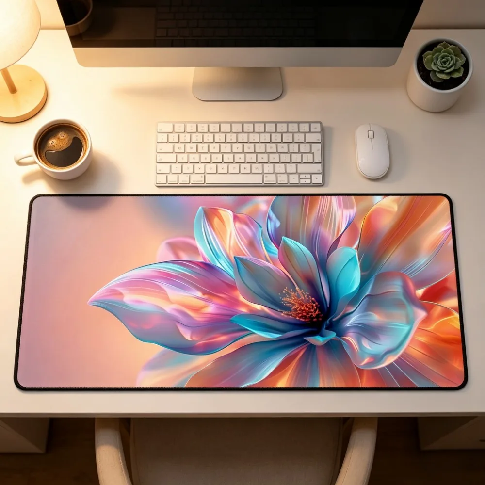 Large Gaming Mouse Pad Lotus Floral Pattern Mousepad Anti-Slip Rubber XXL Deskmat Office Desk Accessories Stitched Edges GameMat