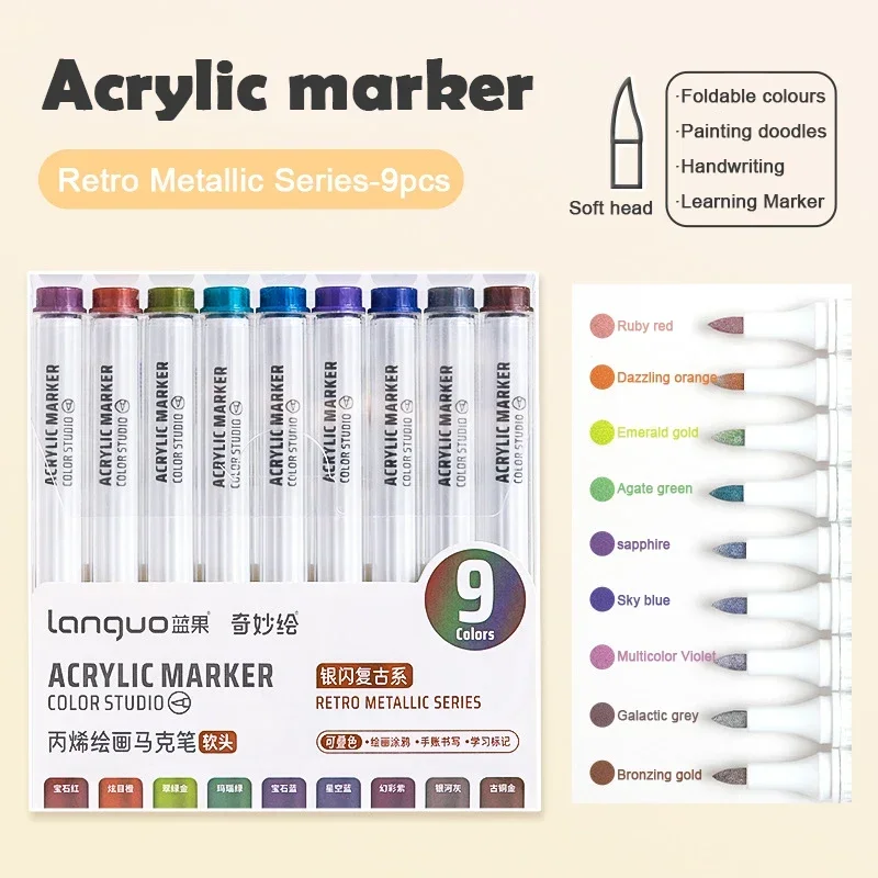 Languo 9/144 Colors Acrylic Marker Pen Soft Head for Artist Rock Painting Glass Ceramic DIY Crafts Graffiti Acrylic Paint Pens