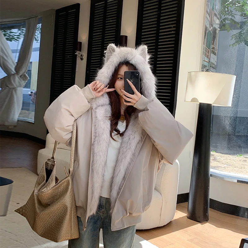 Women Shearling Parkas Coats Solid Jackets Hooded Zipper Pocket Long Sleeves Thick Loose Office Lady Casual 2025 Autumn Winter