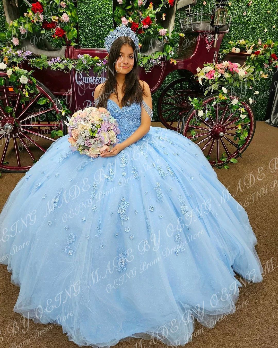 OEING-vestido de quinceañera azul cielo, 15 vestidos, Apliques de encaje, flor 3D, hombros descubiertos, cordones, tul, baile de graduación