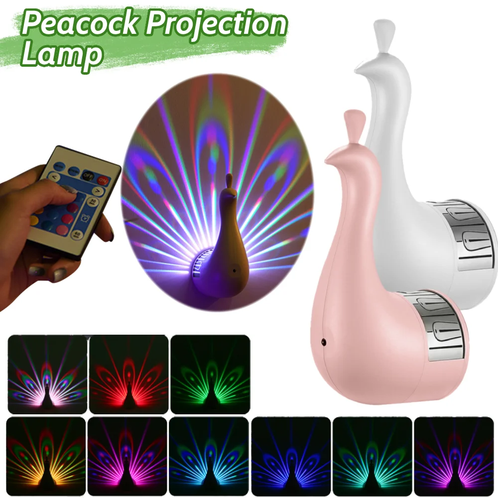 Creative LED Peacock Projection Lamp with Remote Control Atmosphere Lamp Wall Lamp for Home Bedroom Bedside Wall Decor