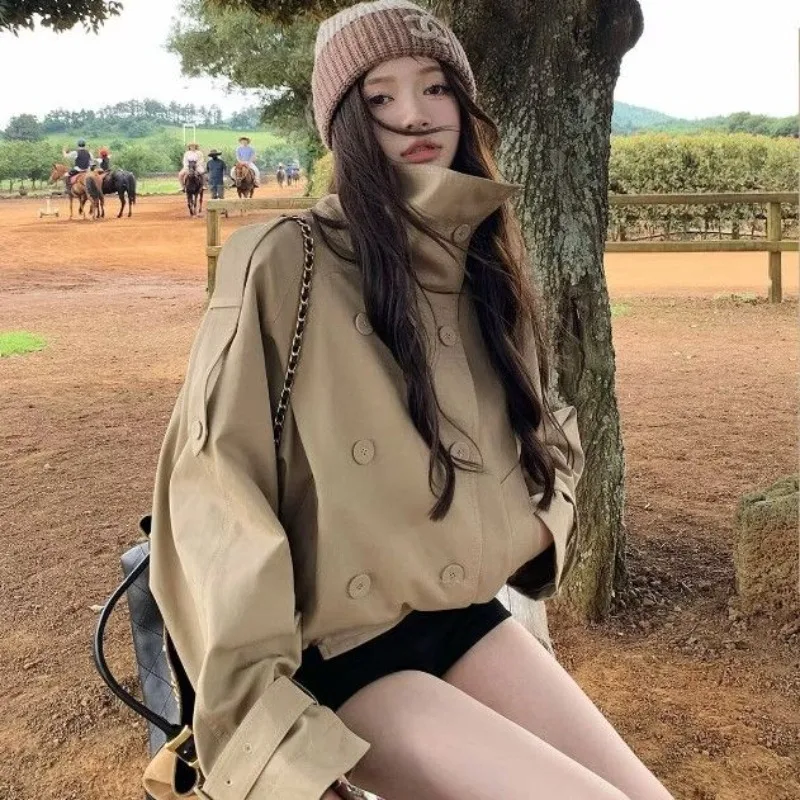 

Двубортный воротник-стойка в британском стиле, модная короткая ветровка для весенней и осенней женской одежды