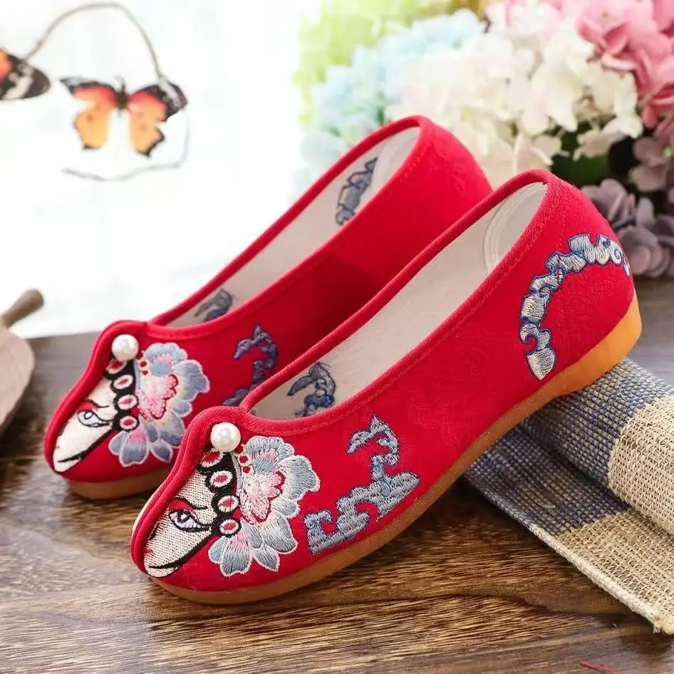 

Woman Chines Opera Masks Embroidered Cloth Shoes Ethnic Style Soft sole Shallow Slip On Flat Sole Cloth Shoes Hanfu Shoes