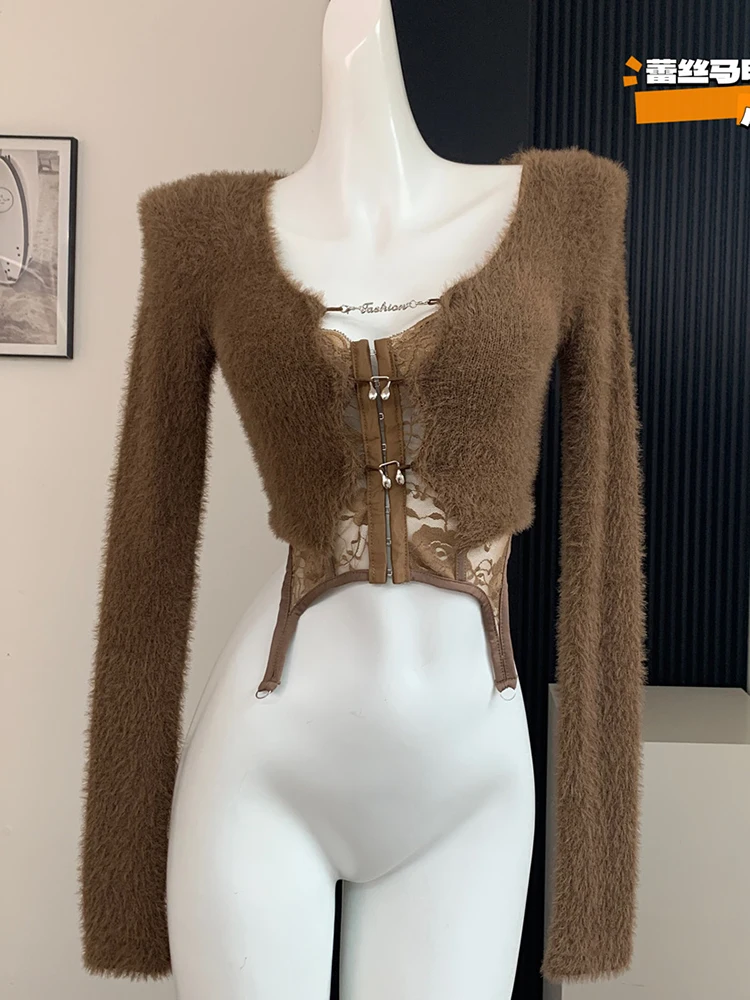 Autumn Winter Woman Korean Gyaru Fluffy Cardigan Crop Sweater + Lace Camisole Long Sleeve V-Neck 2000s Coquette Bolero Hot Sexy