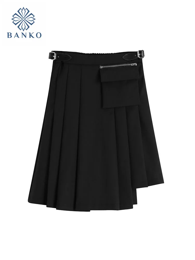 

Kpop Black Pleated Skirt Spring Summer High Waist A-Like Skirt Asymmetrical Women Students School Gothic Streetwear High Street