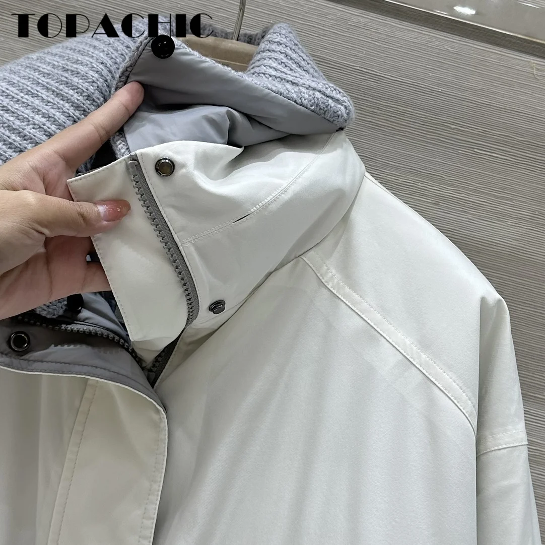 8.26 TOPACHIC-Women Back Bead Chain Long Sleeve Goose Down Coat Knit Lapel Detachable Design Big Pocket Loose Outerwear