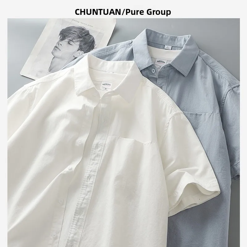

Heavyweight Pure Cotton ort Sve irt Men's Summer American Sle oulder ket Loose Collar Pure White irt