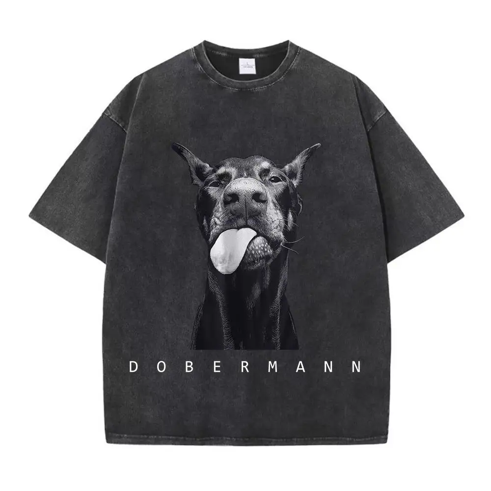

Men's washed cotton T-shirt with fashionable and creative Doberman print short sleeved round neck loose and worn-out streetwear
