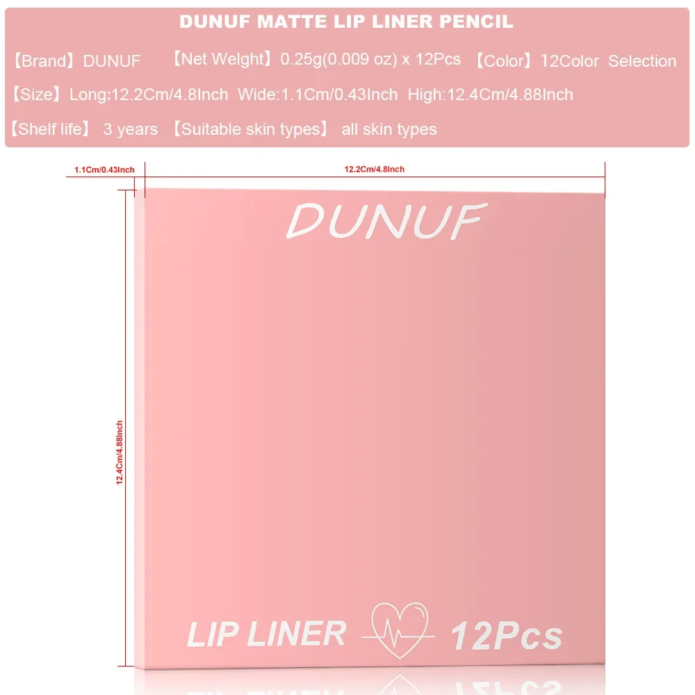 DUNUF 12-Piece Matte Lip Lipliner Pencil Set Waterproof Long-Lasting Moisturizing Non-Stick Red Contour Tint Lip Makeup