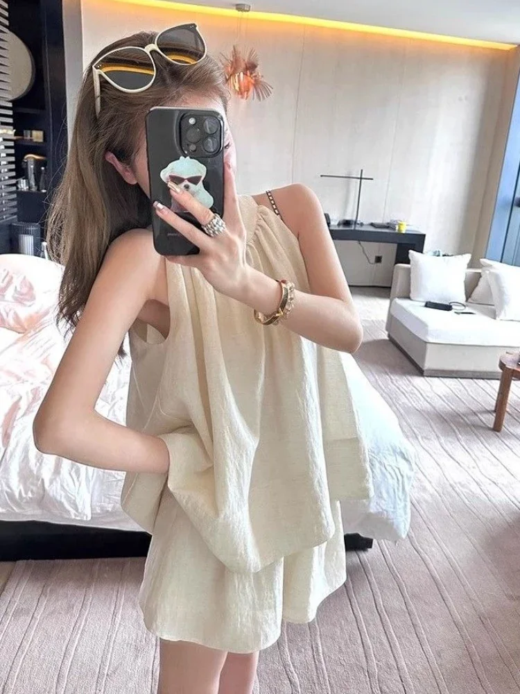

White Tank Top Women's Short Sets 2 Pieces Vacation Outfits Woman 2025 Tailoring Complete Two Clothing Trend Full Female Shorts