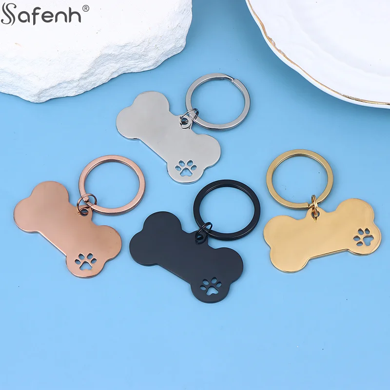 1Pc Bone Abstract Dog Footprint Keychain Name And Text Tags Cat Dog ID Tag Name With Cute Symbols Bone Shaped Pet Nameplate